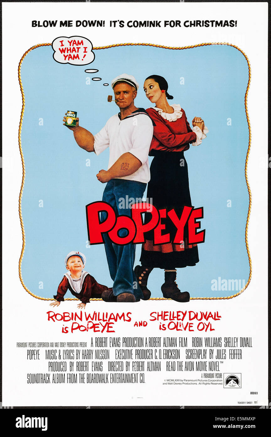 POPEYE, US-Plakat, von links: Wesley Ivan Hurt, Robin Williams und Shelley Duvall, 1980. © Paramount/Courtesy Everett Collection Stockfoto