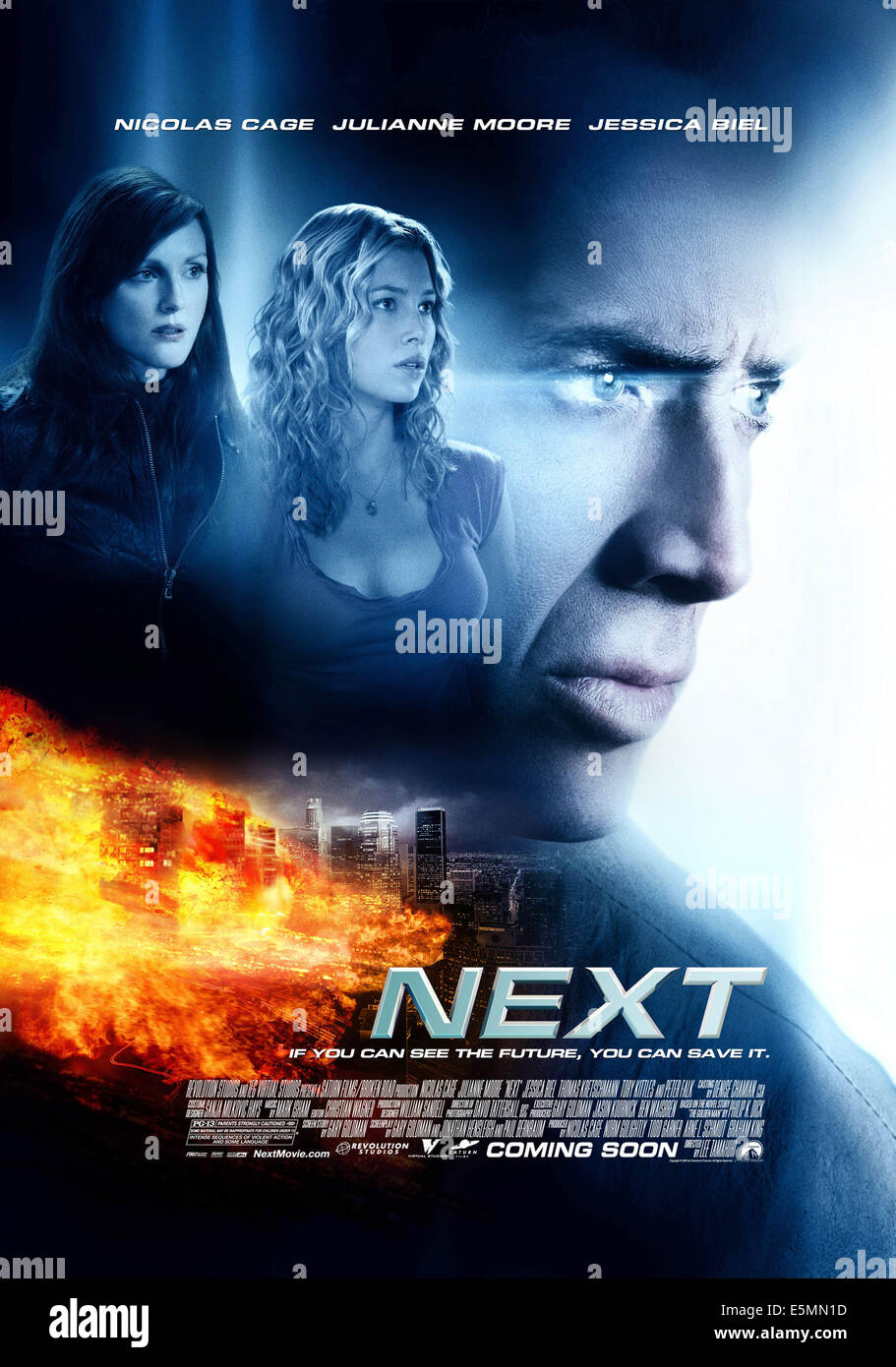 NEXT, US-Poster, l-r: Julianne Moore, Jessica Biel, Nicolas Cage, 2007. © Paramount Bilder/Courtesy Everett Collection Stockfoto