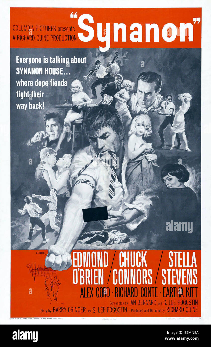 SYNANON, US Plakatkunst, Richard Conte (Zigarette links), Edmond O'Brien (Spitzenkopf), Alex Cord (ausgestrecktem Arm), Stella Stevens Stockfoto