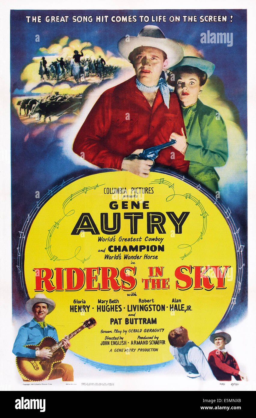 RIDERS IN THE SKY, US-Plakat-Kunst, von links: Gene Autry, Gloria Henry, 1949 Stockfoto