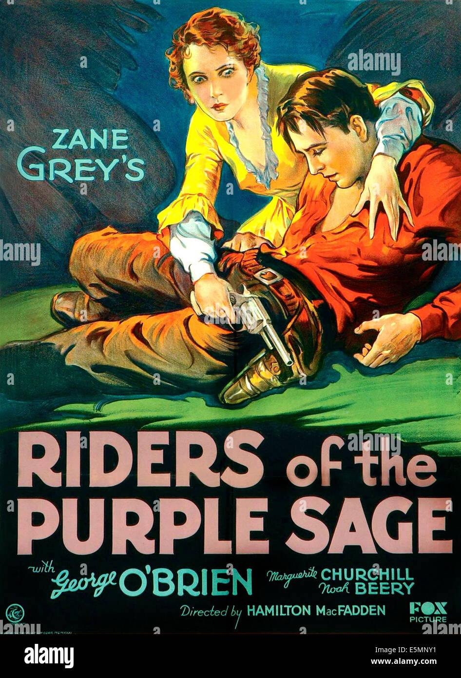 Fahrer von THE PURPLE SAGE, von oben auf US-Plakat-Kunst: Marguerite Churchill, George O'Brien, 1931 Stockfoto