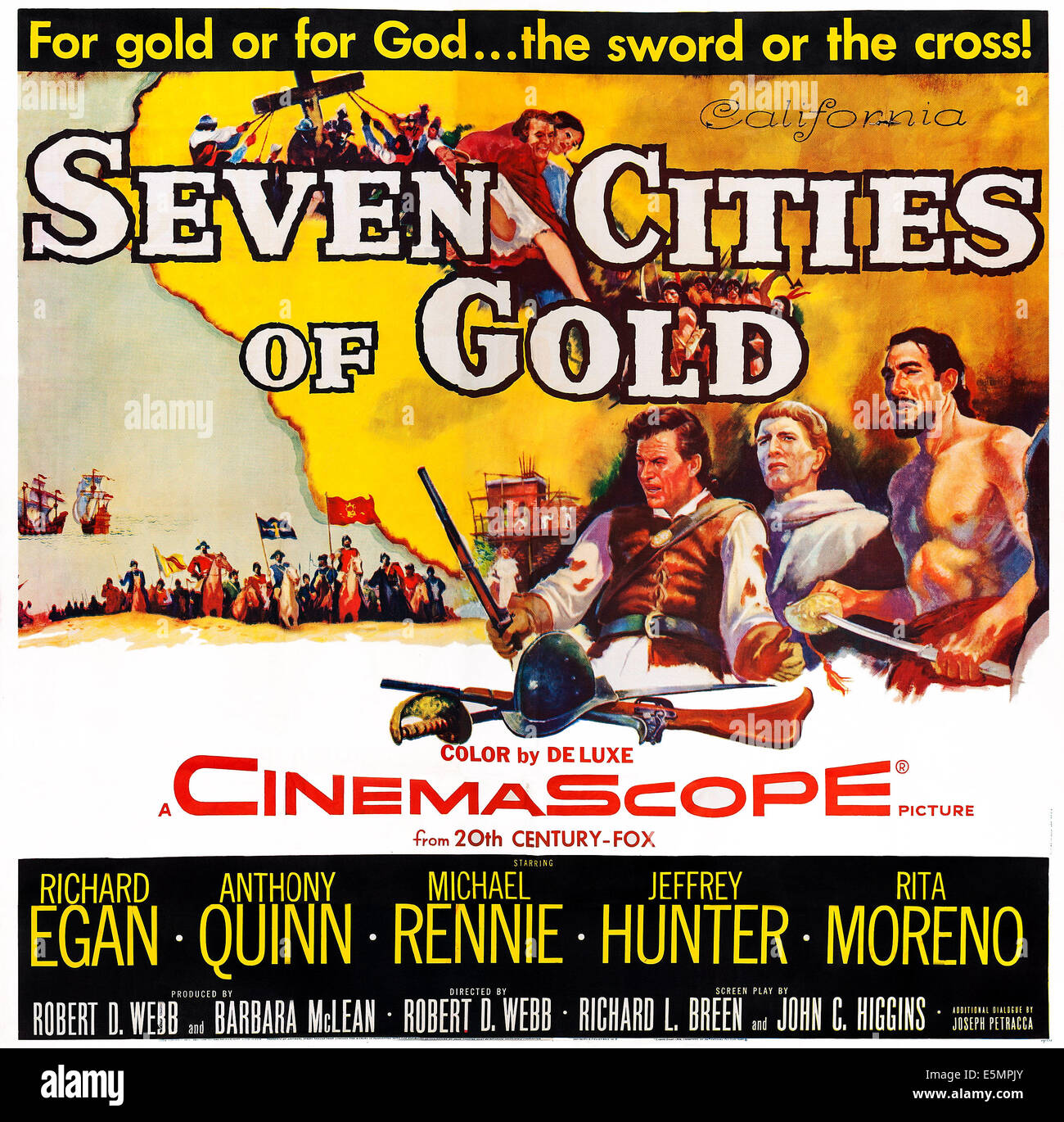 SIEBEN Städte aus GOLD, US-Plakat, Mitte von links: Richard Egan, Michael Rennie, Anthony Quinn, 1955. TM und Copyright © 20th Stockfoto