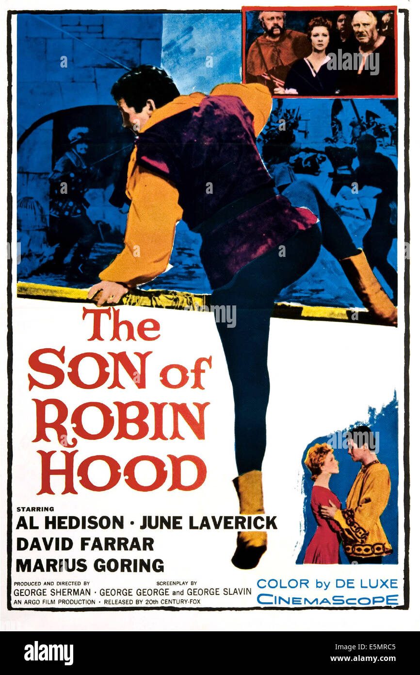 DER Sohn des ROBIN HOOD, Zentrum: David Hedison auf Plakatkunst, 1958, TM und Copyright © 20. Century Fox Film Corp. Alle Rechte Stockfoto