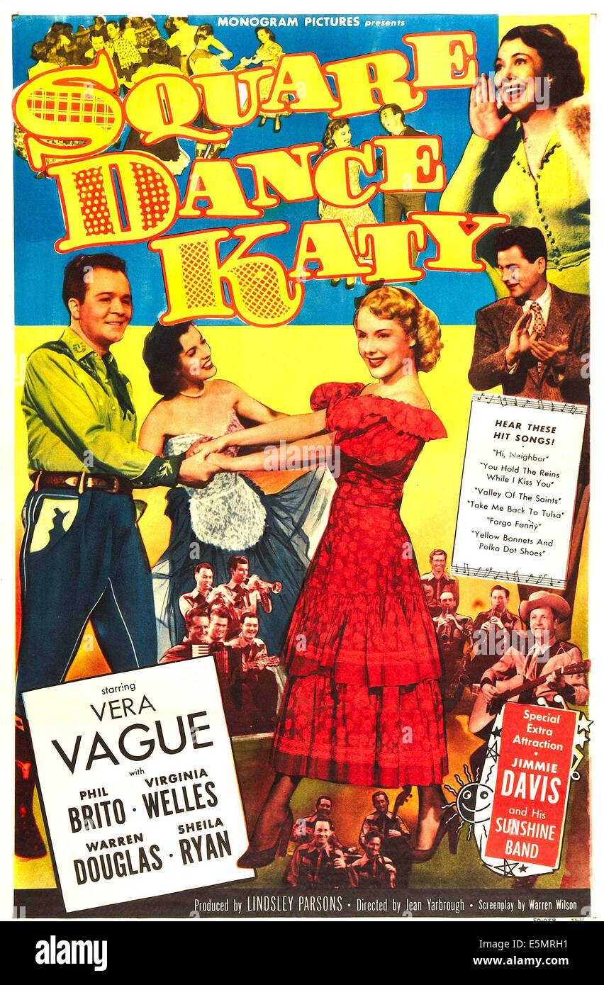 SQUARE-DANCE-KATY, US-Plakatkunst, unten rechts: Jimmy Davis, v.l.: Phil Brito, Sheila Ryan, Virginia Welles, 1950. Stockfoto