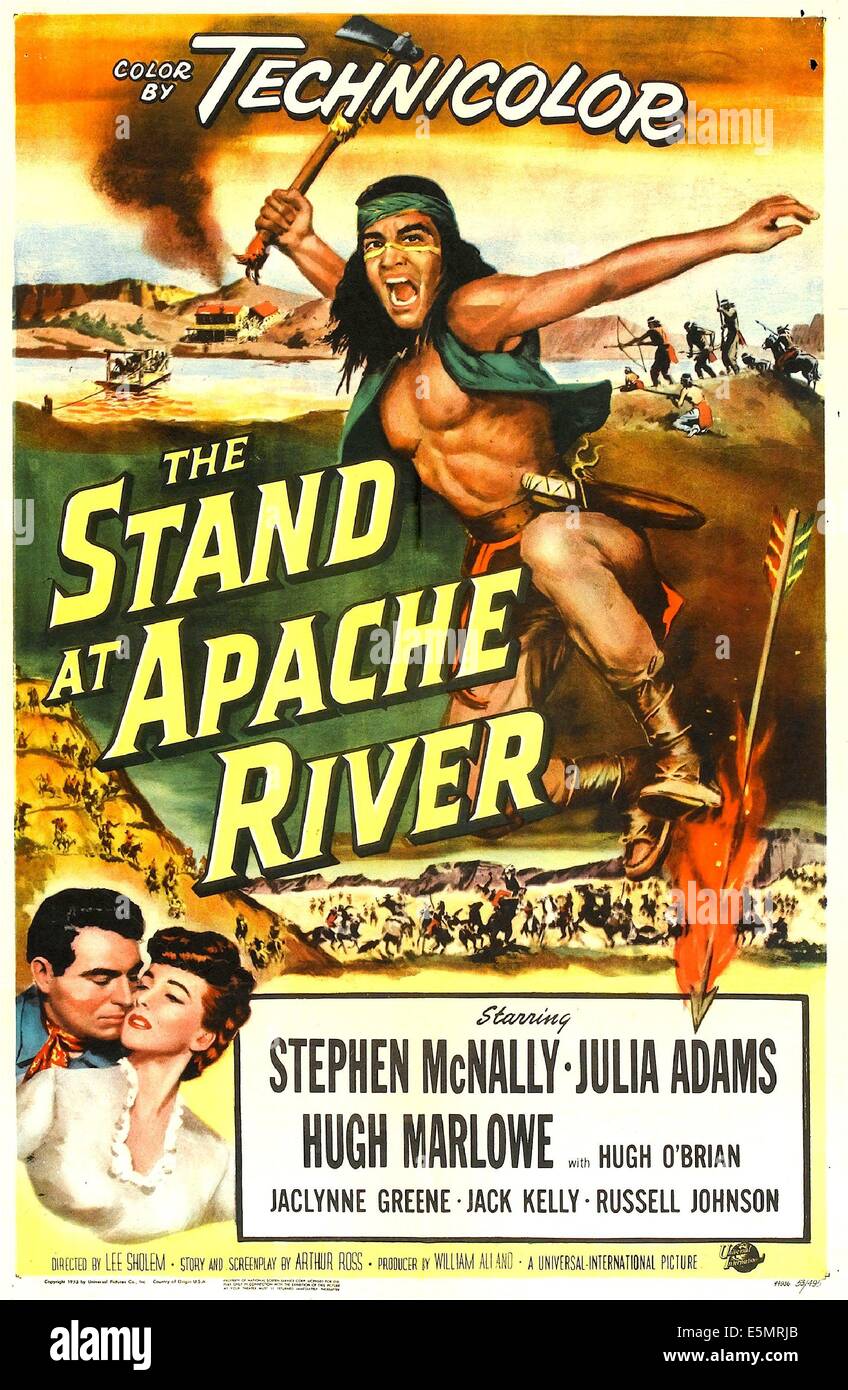 STEHEN im APACHE RIVER, uns Plakatkunst, links unten: Stephen McNally, Julia Adams, 1953. Stockfoto
