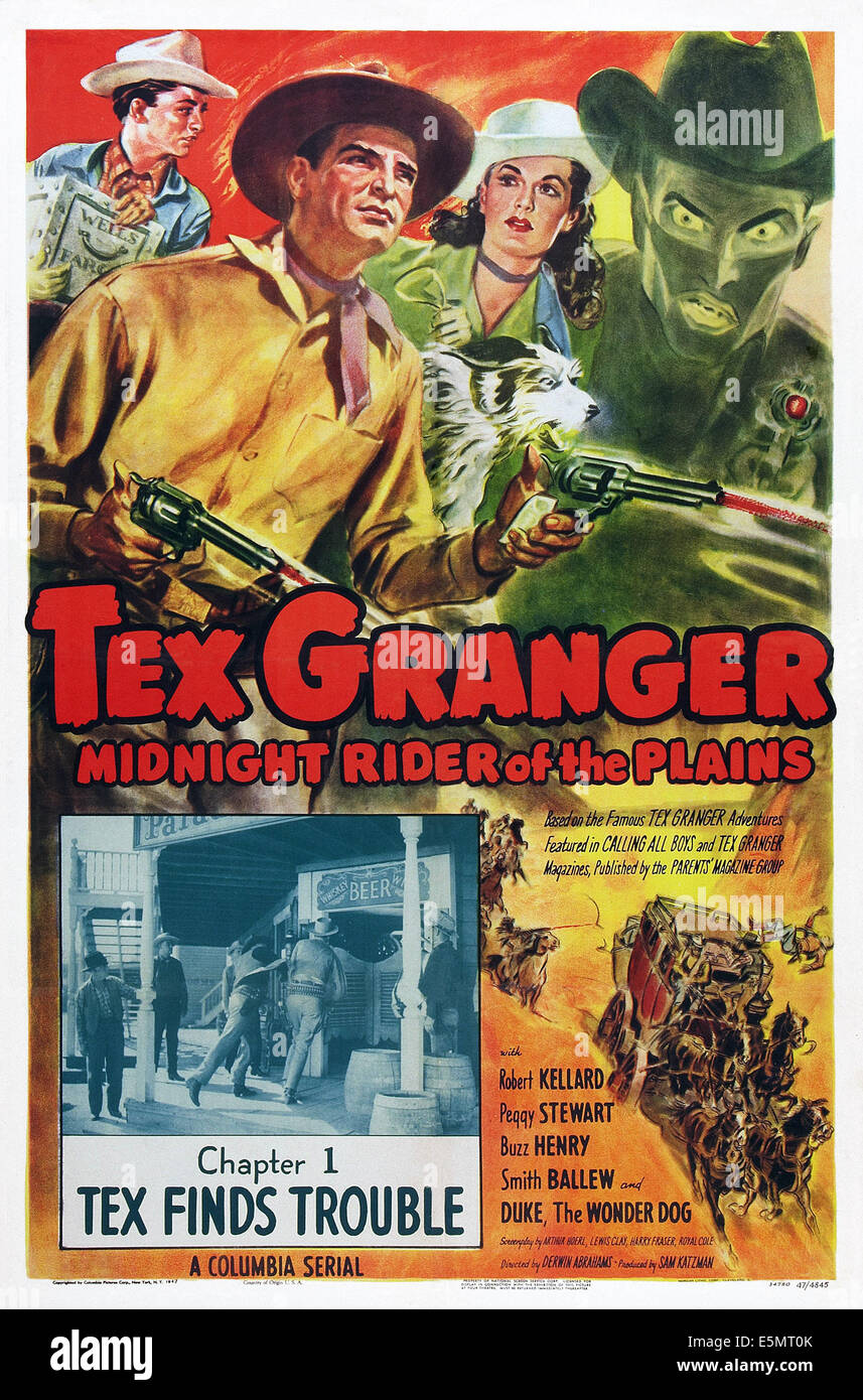 TEX GRANGER: MIDNIGHT RIDER OF THE PLAINS, USA Plakatkunst, oben links: Robert Kellard; oben in der Mitte: Peggy Stewart; Kapitel 1: "Tex Stockfoto