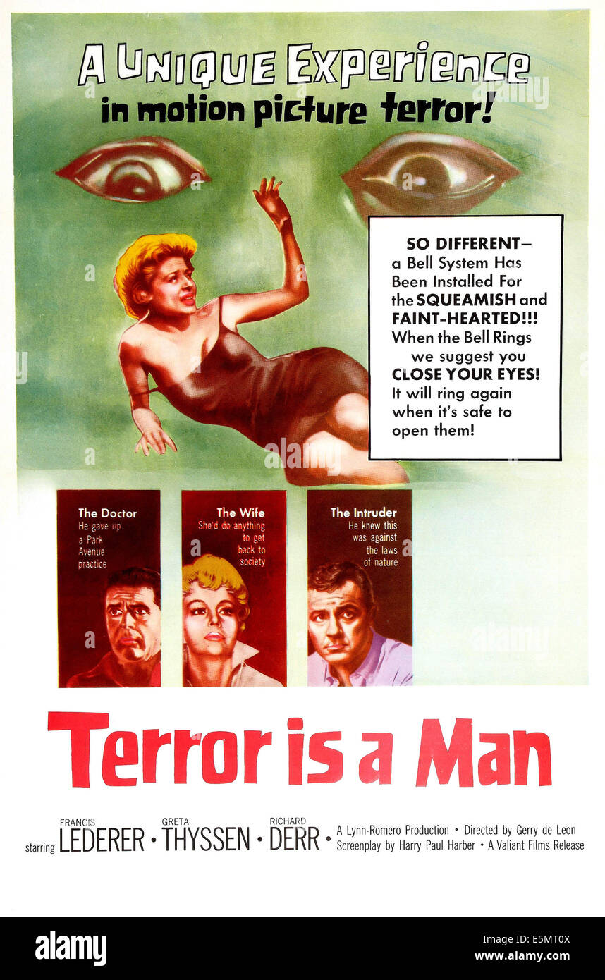 TERROR ist ein Mann, US-Plakat-Kunst-Center: Greta Thyssen, unten links: Francis Lederer, Greta Thyssen, Richard Derr, 1959. Stockfoto