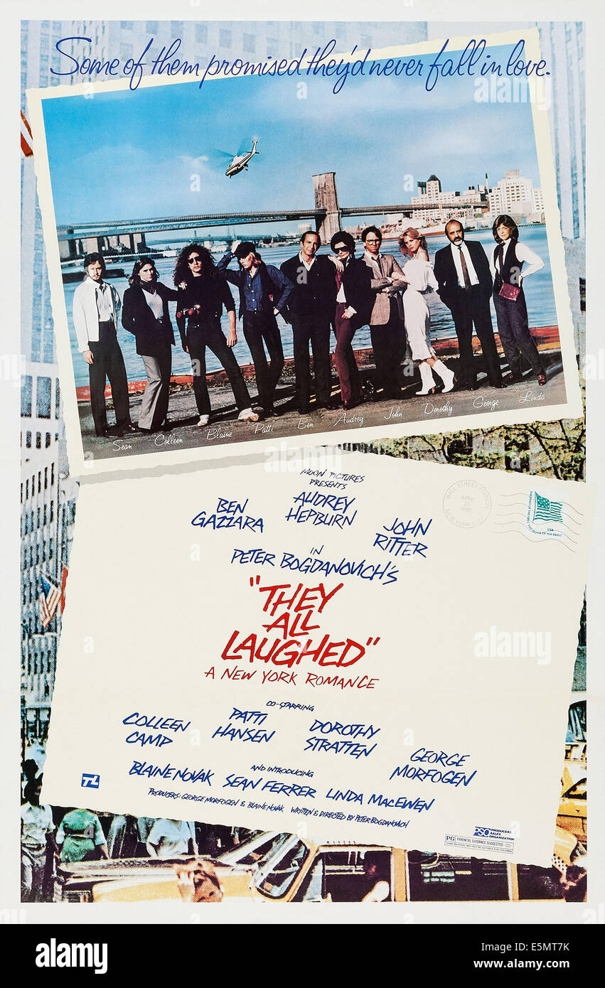 Sie alle LACHTE, US Plakatkunst, von links: Sean Ferrer, Colleen Camp, Blaine Novak, Patti Hansen, Ben Gazzara, Audrey Hepburn, Stockfoto