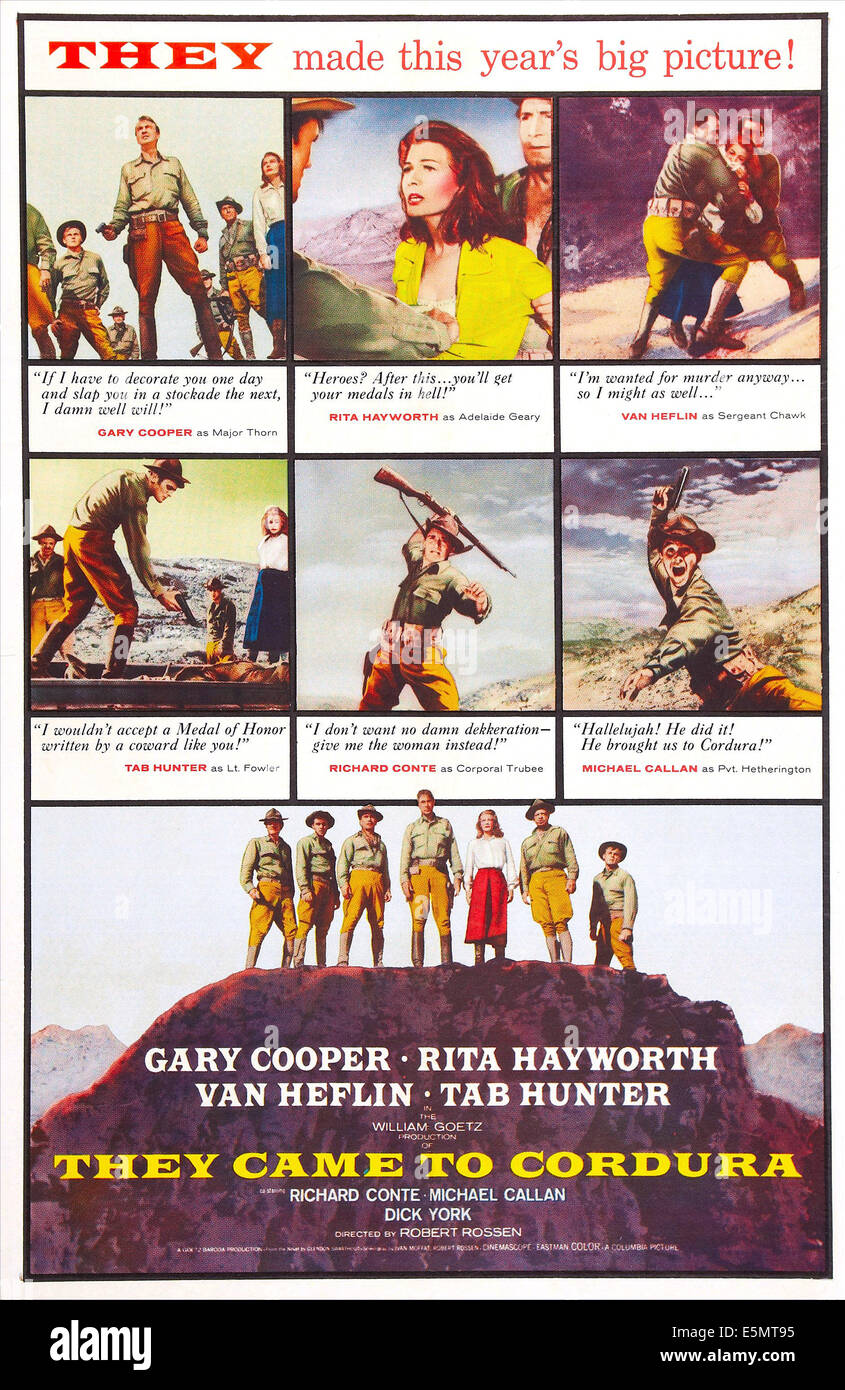 Sie kam CORDURA, US Plakatkunst, oben links: Gary Cooper, Rita Hayworth, Van Heflin, unten links: Tab Hunter, Richard Conte, Stockfoto