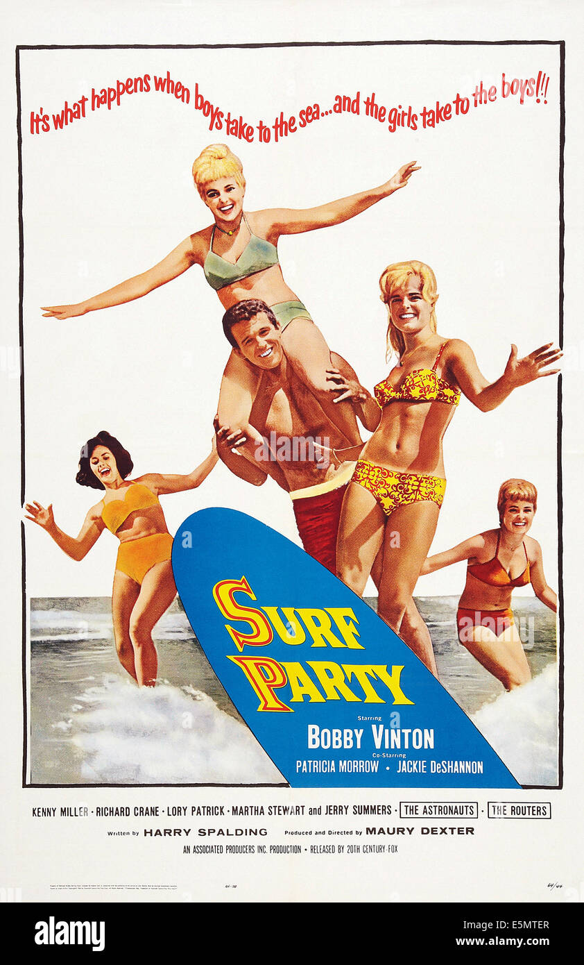 SURF PARTY, US-Plakat, Zentrum von oben: Jackie DeShannon, Bobby Vinto, Patricia Morrow (Mitte rechts), 1964, TM & Copyright © Stockfoto