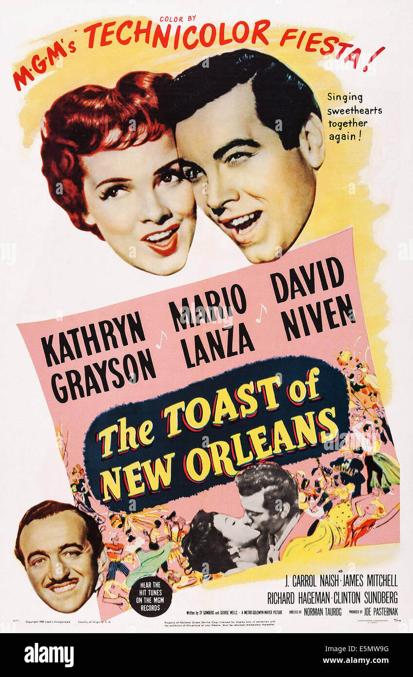 DER TOAST OF NEW ORLEANS, US Plakatkunst, oben, von links: Kathryn Grayson, Mario Lanza; unten links: David Niven, 1950 Stockfoto