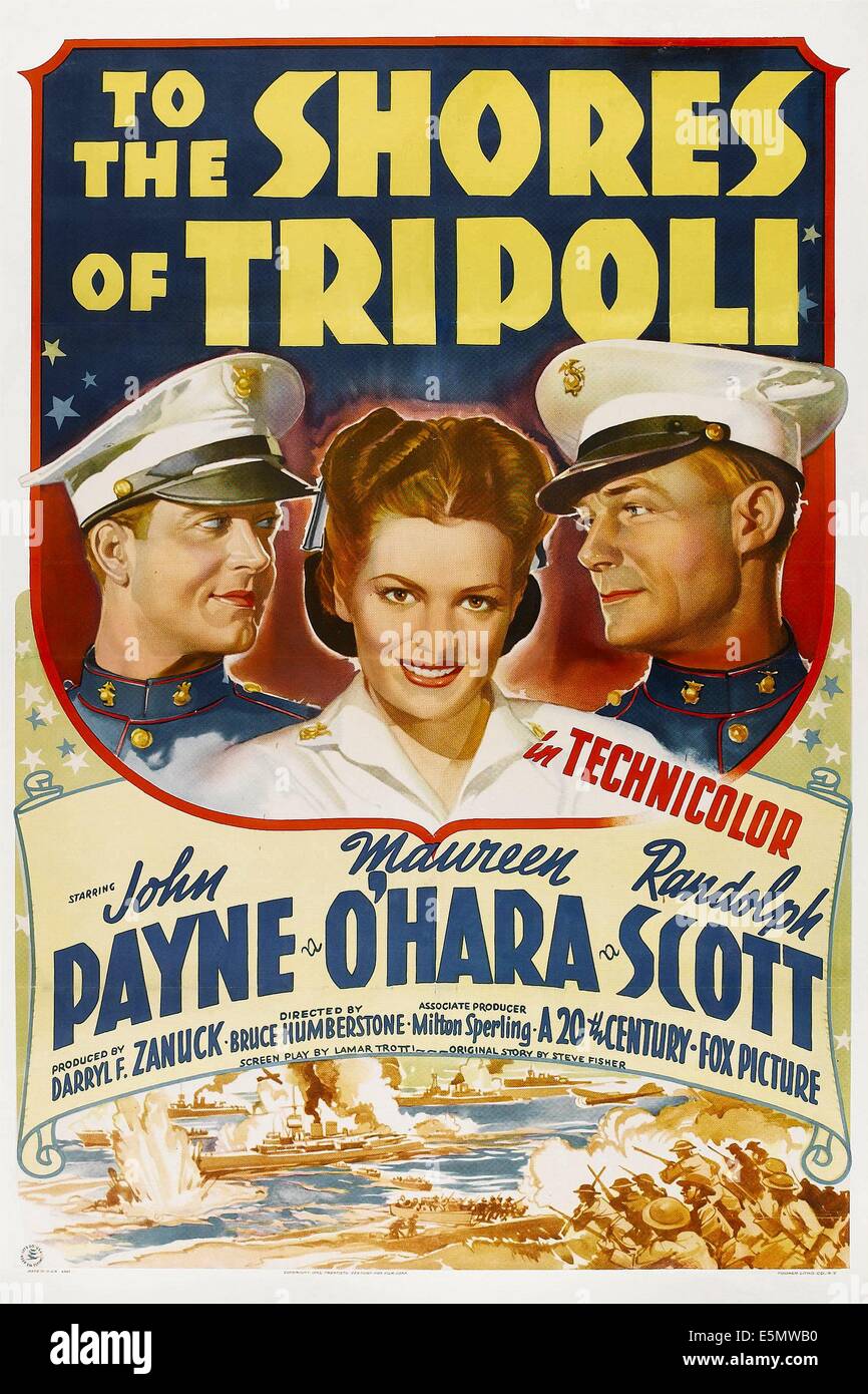 AN der Küste von Tripolis, von links: John Payne, Maureen O'Hara, Randolph Scott, 1942, TM und Copyright © 20. Century Fox Film Stockfoto