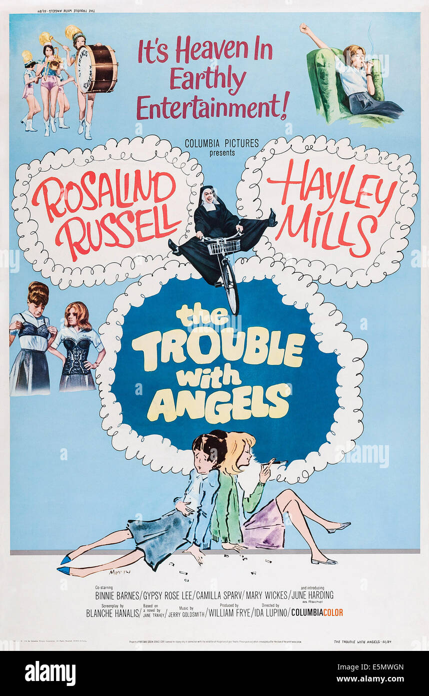 DIE Mühe mit Engeln, oben rechts: Hayley Mills, Center: Rosalind Russell, unten l-r: June Harding, Hayley Mills auf Plakat Stockfoto