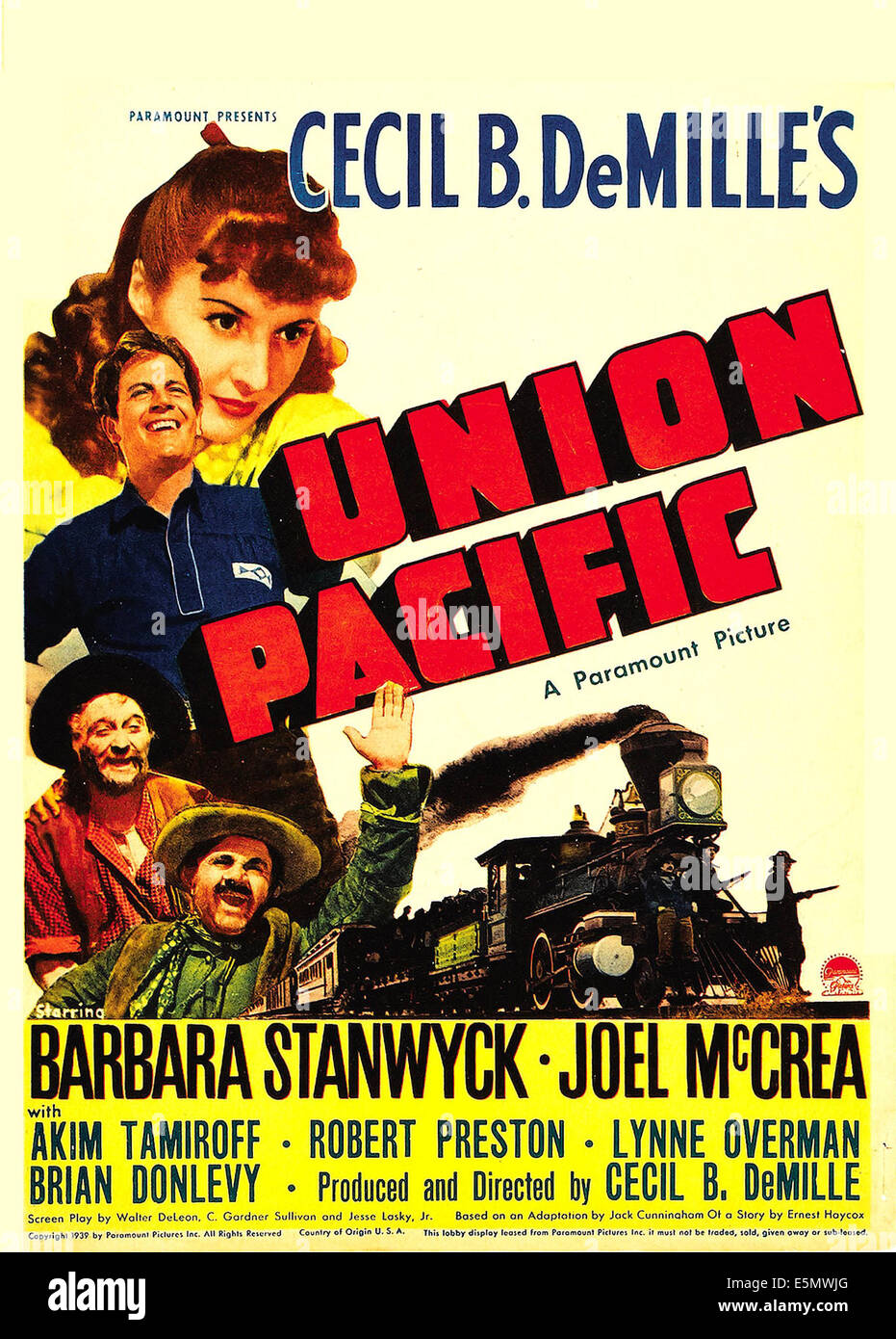 UNION PACIFIC, von oben: Barbara Stanwyck, Joel McCrea, Lynne Overman, Akim Tamiroff Zwerg Fenster Karte, 1939. Stockfoto