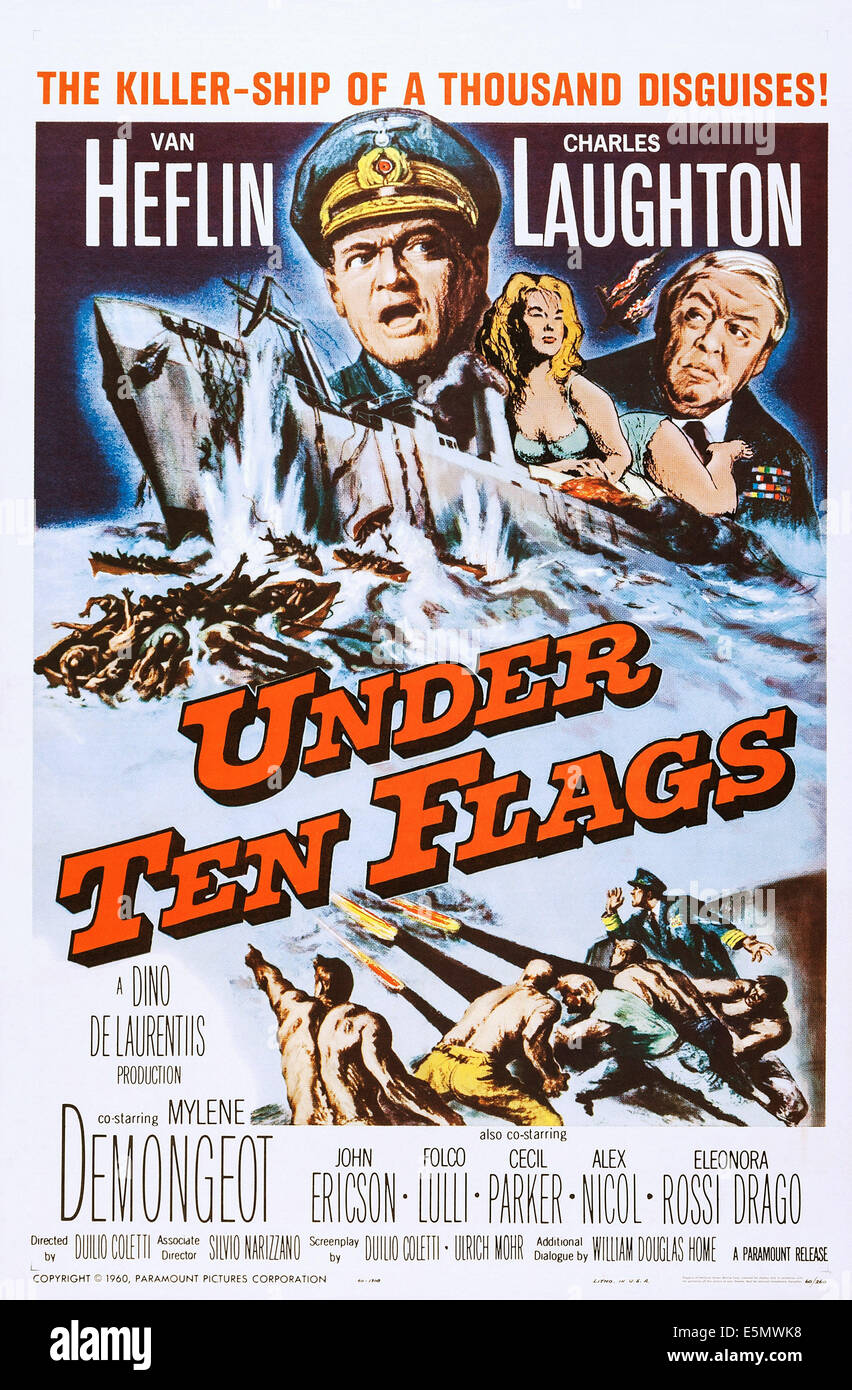 UNTER zehn Flaggen, (aka SOTTO DIECI BANDIERE), US-Plakatkunst, oben von links: Van Heflin, Charles Laughton, 1960 Stockfoto