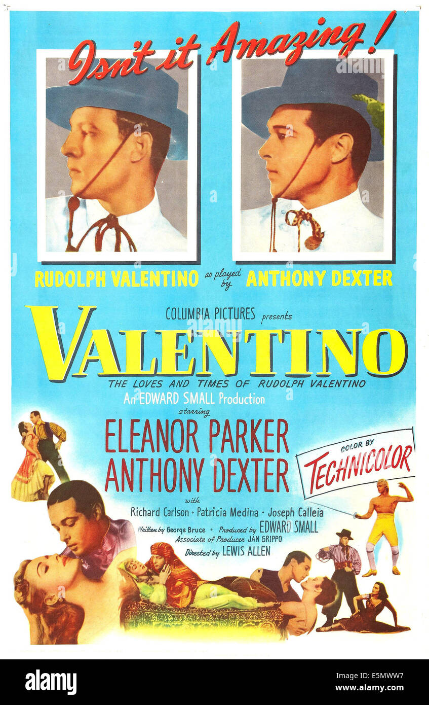 VALENTINO, US Plakatkunst, Eleanor Parker, Anthony Dexter, 1951. Stockfoto
