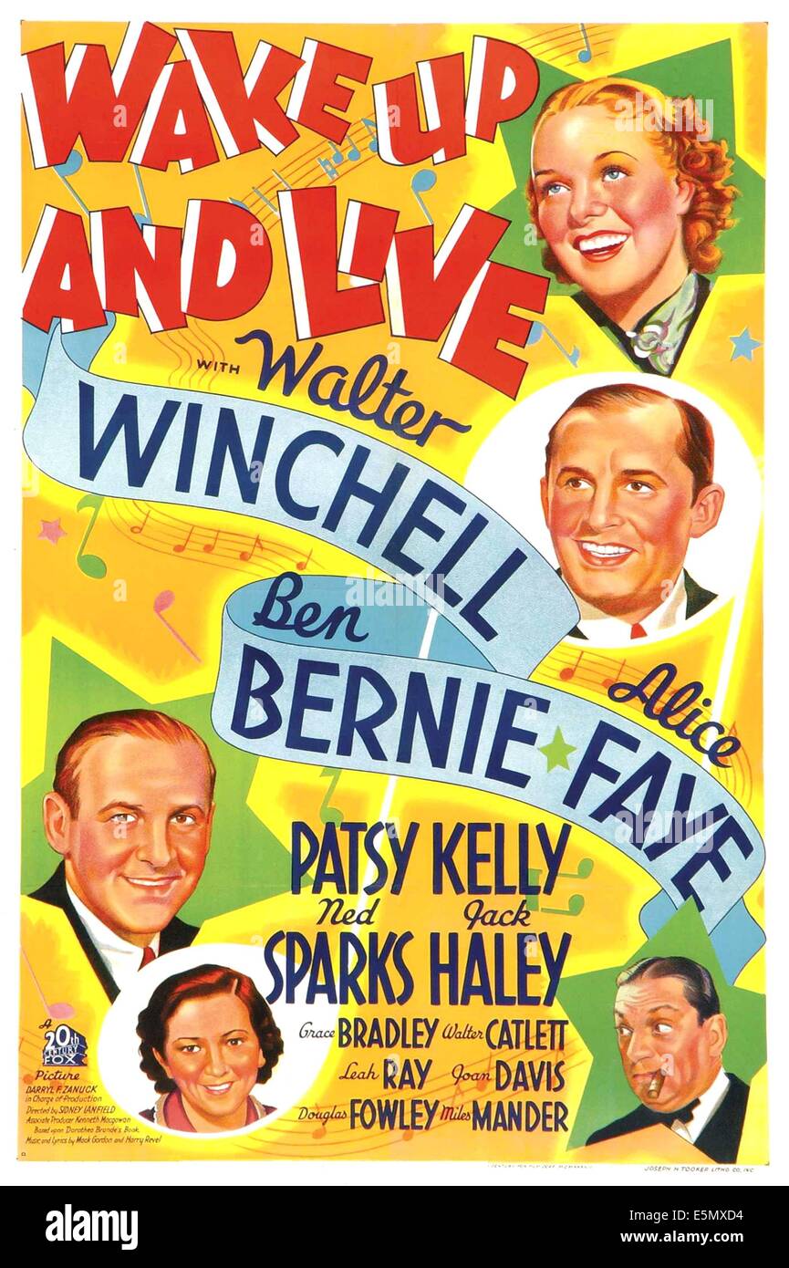 WAKE UP und LIVE, von oben links: Ben Bernie, Patsy Kelly, rechts von oben: Alice Faye, Walter Winchell, Ned Sparks, 1937, TM und Stockfoto