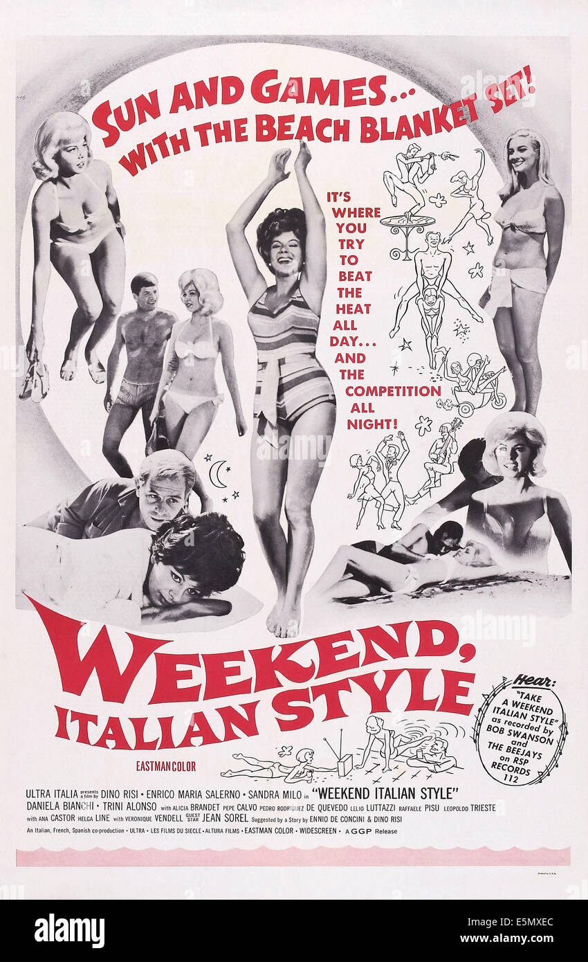Wochenende, italienischen Stil, (aka L'OMBRELLONE), US-Plakat, Sandra Milo (Mitte), Daniela Bianchi (rechts), 1965 Stockfoto