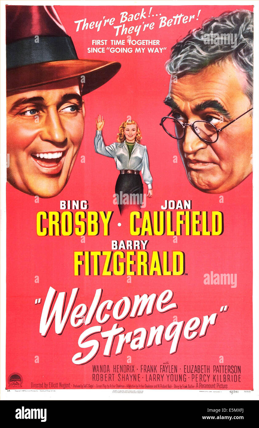 WELCOME STRANGER, US-Plakat, von links: Bing Crosby, Joan Caulfield, Barry Fitzgerald, 1947 Stockfoto