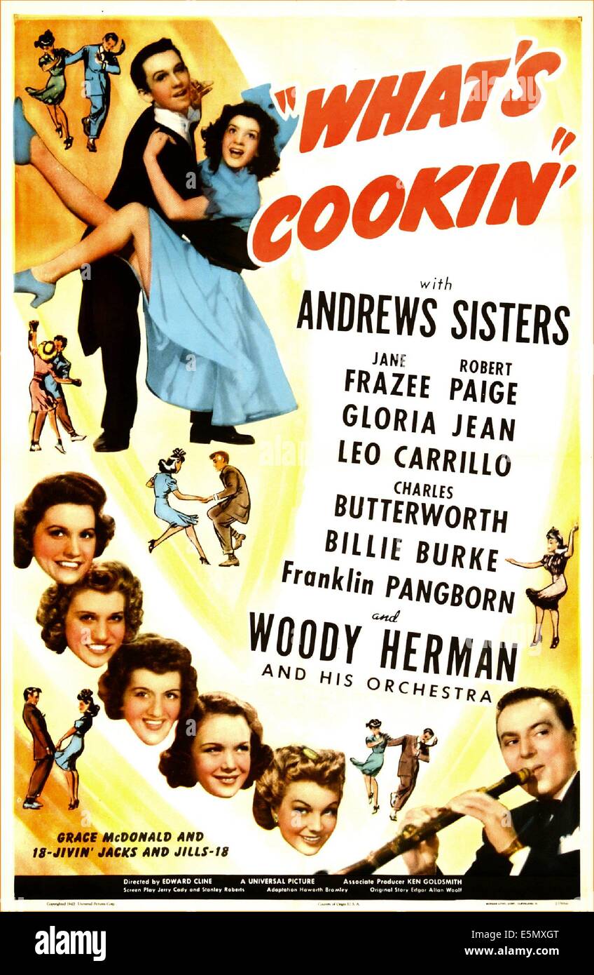 Was Cookin ' ist?, US-Plakat, oben von links: Robert Paige, Jane Frazee, Mitte links von oben: Maxene Andrews, Patty Andrews, Stockfoto