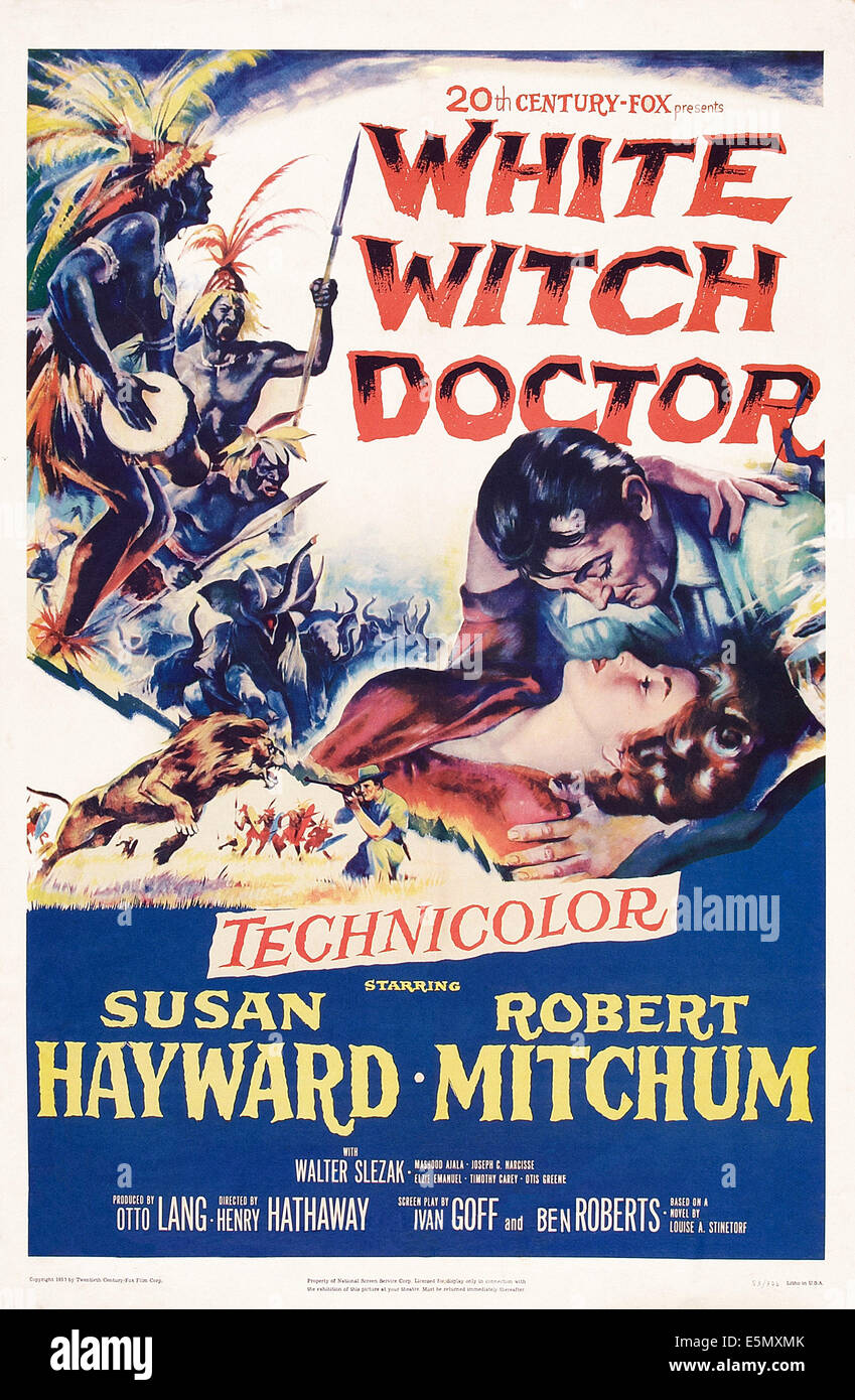 WEIßE HEXENDOKTOR, US Plakatkunst von Mitte: Susan Hayward, Robert Mitchum, 1953. TM & Copyright © 20. Jahrhundert-Fuchs-Film Stockfoto