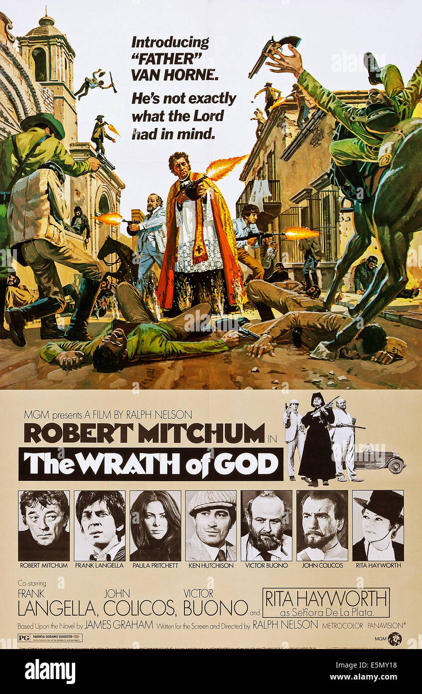 DER Zorn des Gottes, US Plakatkunst, von links: Robert Mitchum, Frank Langella, Paula Pritchett, Ken Hutchison, Victor Buono, John Stockfoto