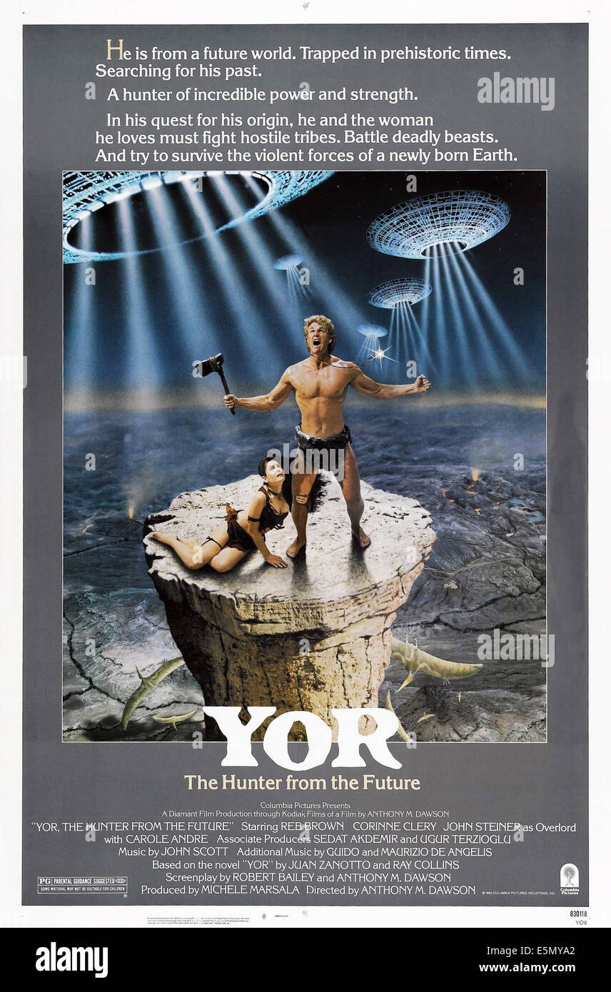 YOR, der Jäger aus der Zukunft (aka IL MONDO DI YOR), l-r: Corinne Clery, Reb Brown auf US-Plakatkunst, 1983, © Columbia Stockfoto