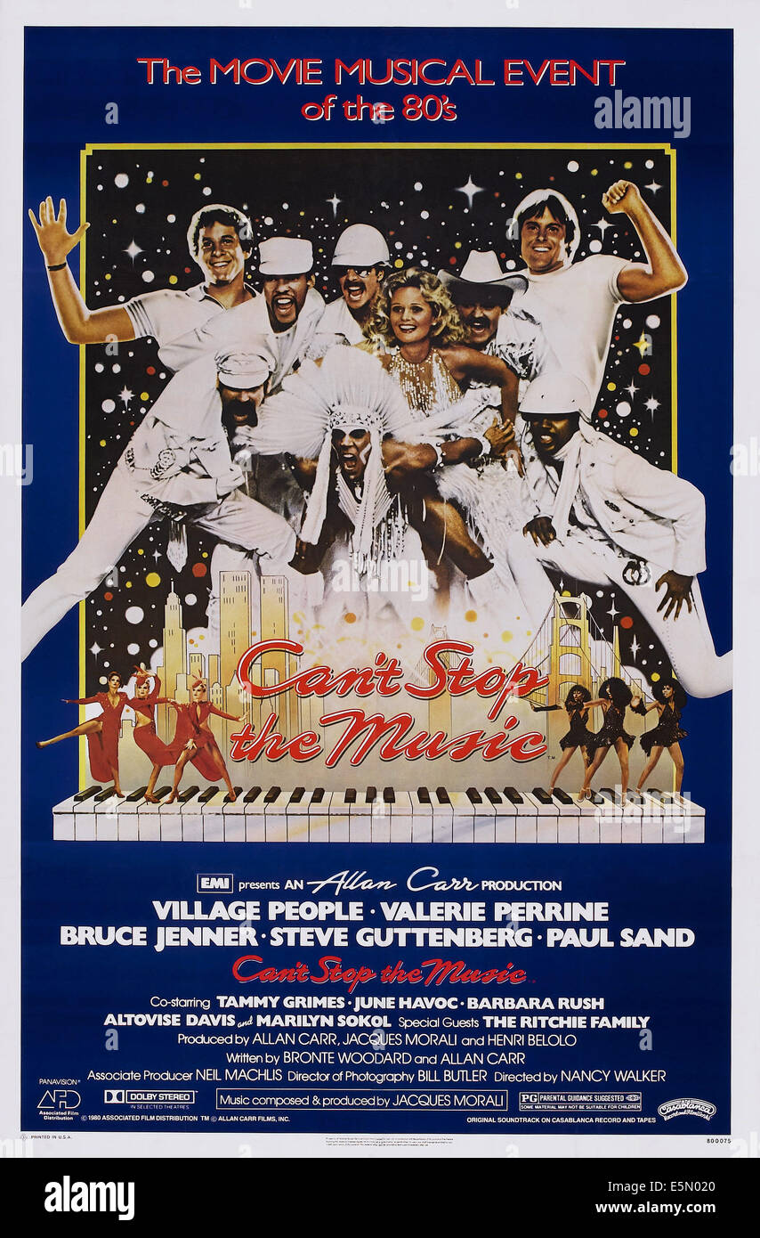 Nicht top STOP THE MUSIC, USA Plakatkunst, von links: Alex Briley, David Hodo, Valerie Perrine, Steve Guttenberg, Randy Jones, Stockfoto