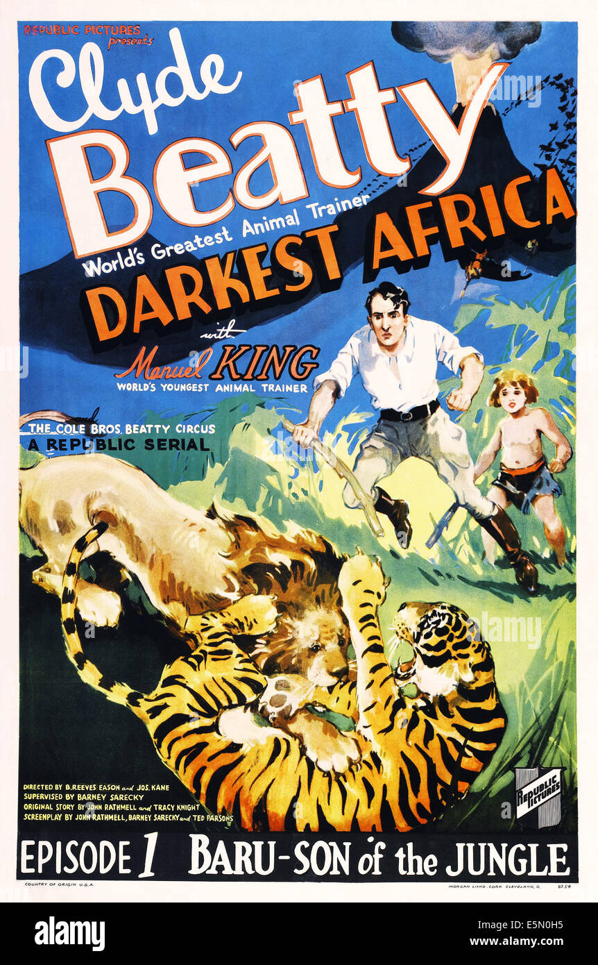 DARKEST AFRICA, US-Plakat-Kunst, von links: Clyde Beatty, Manuel King in "Episode 1: Baru-Sohn des Dschungels", 1936. Stockfoto