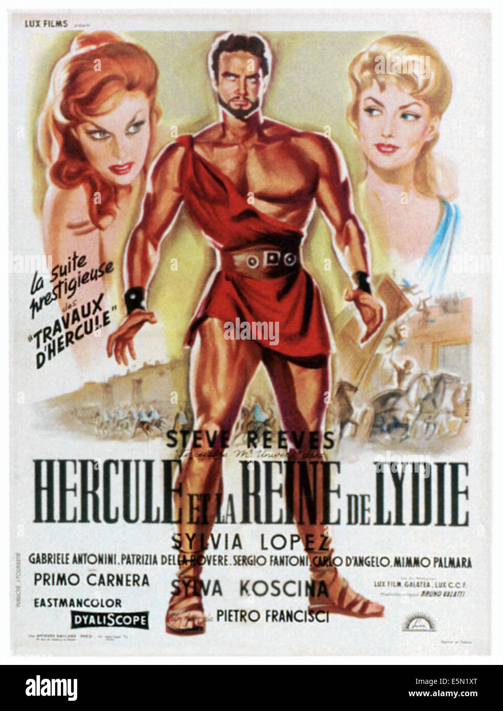 ERCOLE E LA REGINA DI LIDIA (aka HERCULE ELLA REINE DE LYDIE), Mitte: Steve Reeves auf französische Plakatkunst, 1959 Stockfoto