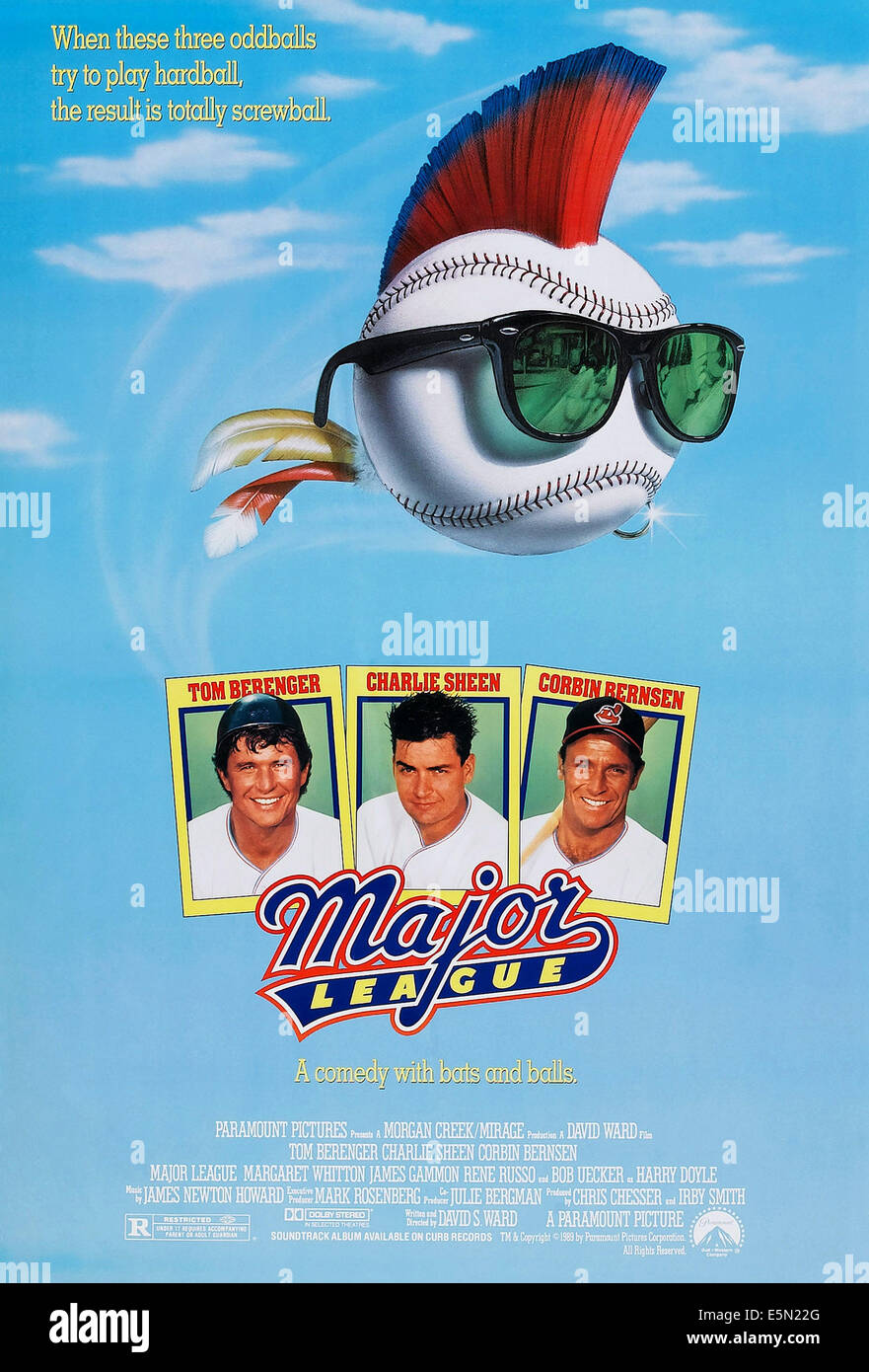 MAJOR LEAGUE, US Plakatkunst, von links: Tom Berenger, Charlie Sheen, Corbin Bernsen, 1989. © Paramount Bilder/Courtesy Everett Stockfoto