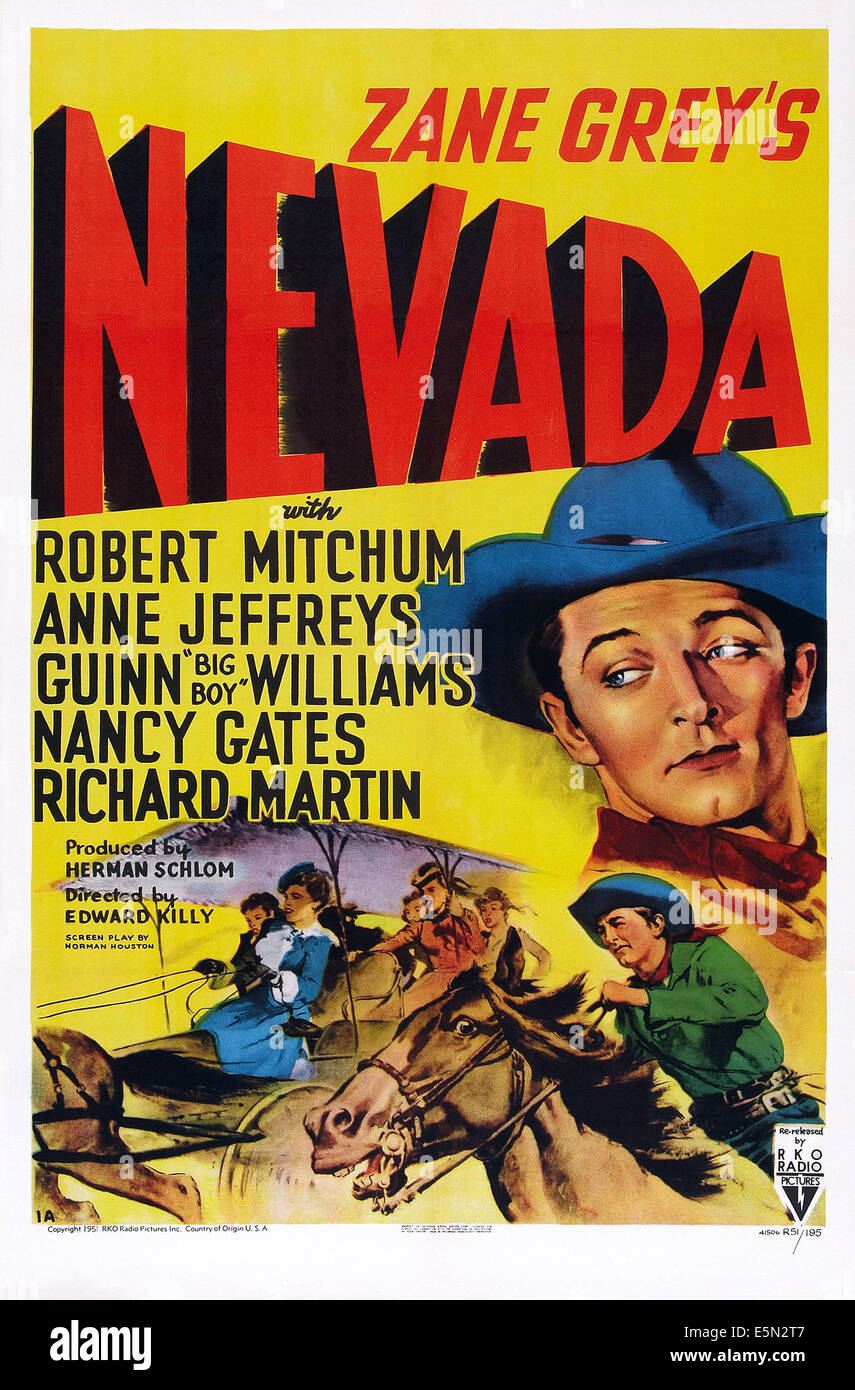 NEVADA, USA Plakatkunst, rechts: Robert Mitchum, 1944. Stockfoto