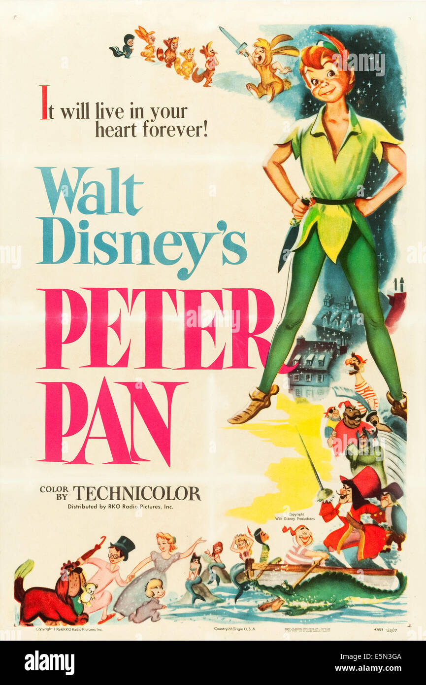 PETER PAN, im Uhrzeigersinn von oben links: Lost Boys, Peter Pan, Piraten, Käpt ' n Hook, Herr Smee, Krokodil, Tigerlilie, Meerjungfrauen, Stockfoto
