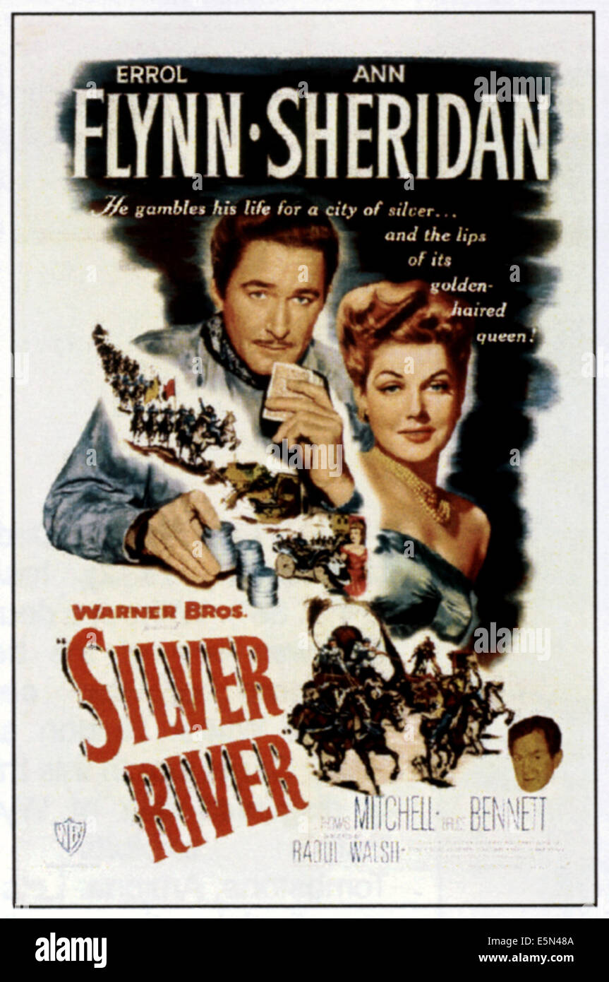SILVER RIVER, von links: Errol Flynn, Ann Sheridan, unten rechts: Thomas Mitchell, 1948. Stockfoto