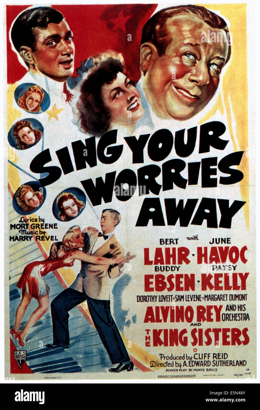 SINGEN IHRE sorgen Weg, oben von links: Buddy Ebsen, June Havoc, Bert Lahr, Links: The King Sisters, 1942. Stockfoto