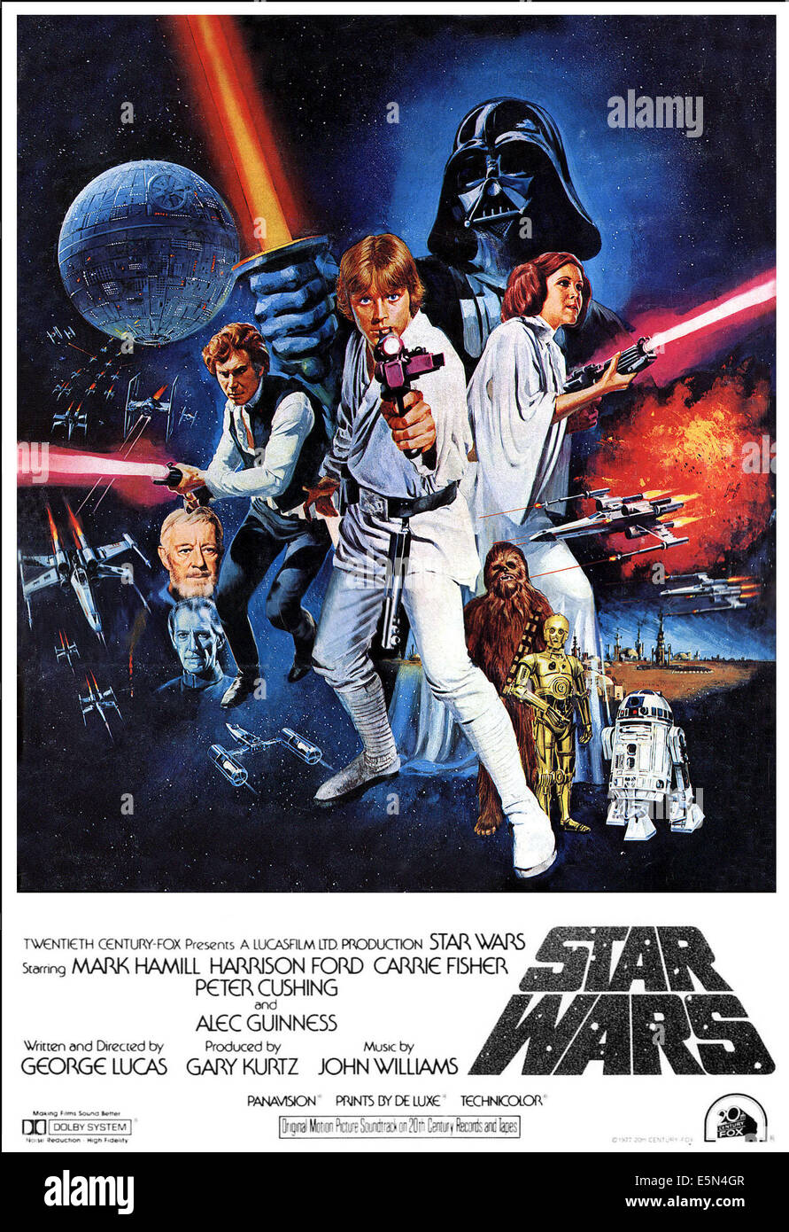 STAR WARS (auch bekannt als STAR WARS: EPISODE IV - A NEW HOPE), von links: Peter Cushing, Alec Guinness, Harrison Ford, Mark Hamill, Darth Stockfoto
