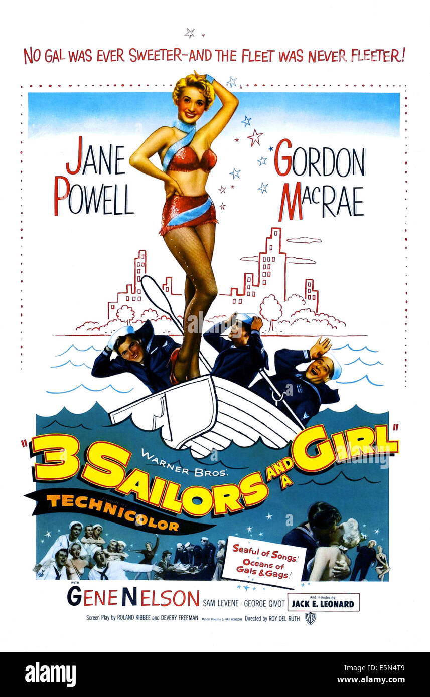 3 Matrosen und ein Mädchen, von links: Gordon MacRae, Jane Powell, Gene Nelson, Jack E. Leonard, 1953. Stockfoto