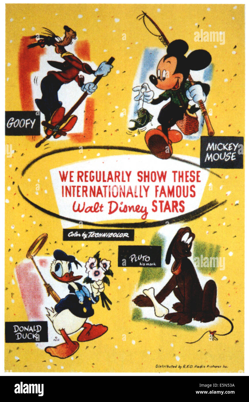 WALT DISNEY-STARS, Werbe-Plakat für Disneys Cartoon Stars, im Uhrzeigersinn von oben links: Goofy, Micky Maus, Pluto, Donald Stockfoto
