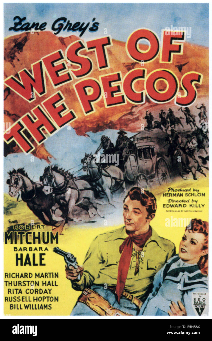 WEST OF THE PECOS, von links: Robert Mitchum, Barbara Hale, 1945. Stockfoto