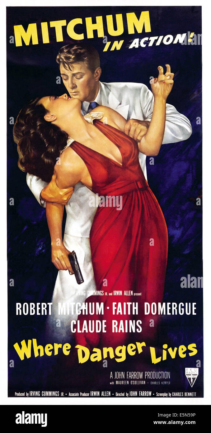 WO Gefahr lebt, Faith Domergue, Robert Mitchum, 1950, Plakatkunst Stockfoto