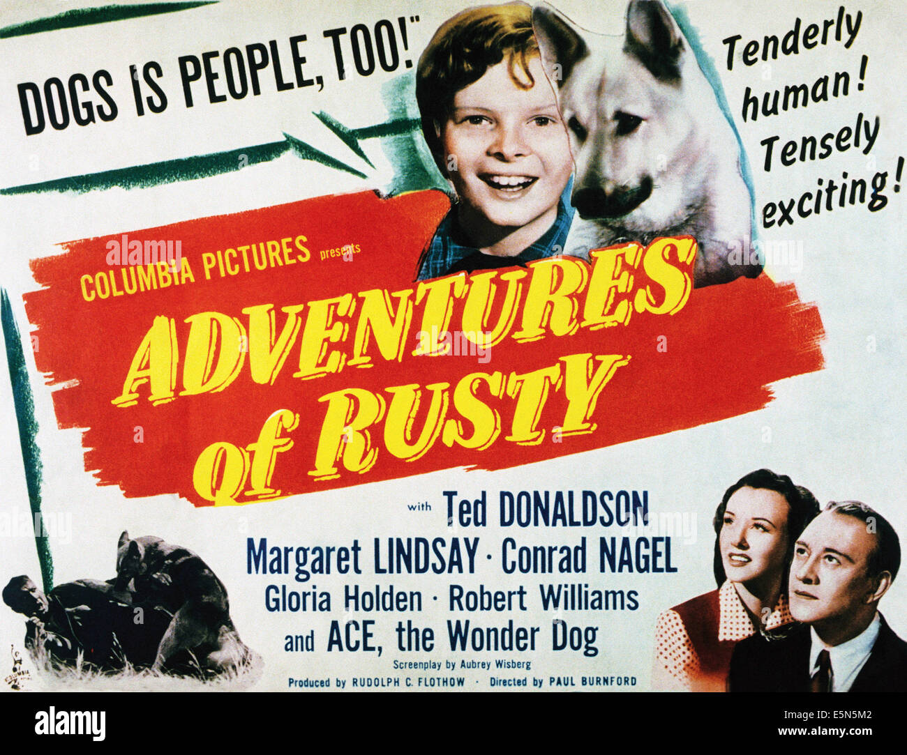 DIE Abenteuer von ROSTIG, von links, Ted Donaldson, Ace das Wunder Hund, Margaret Lindsay, Conrad Nagel, 1945 Stockfoto