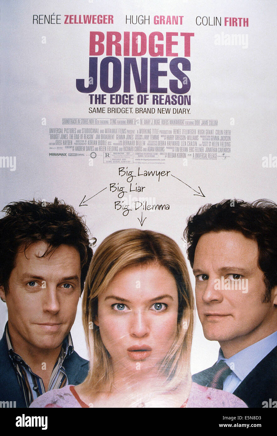 BRIDGET JONES: Am Rande des Wahnsinns, von links: Renée Zellweger, Hugh Grant, Colin Firth, 2004, © Universal/Courtesy Everett Stockfoto