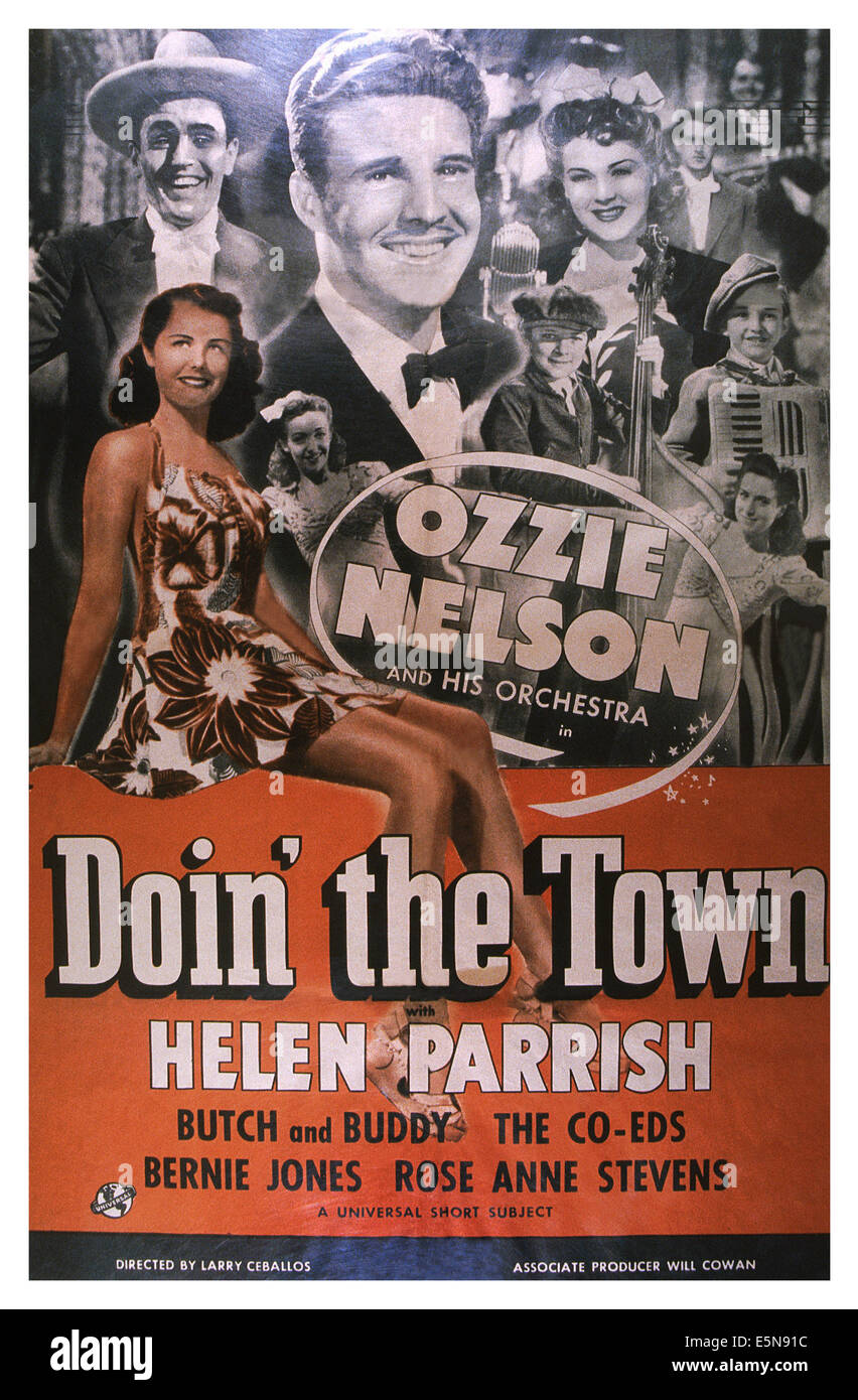 DOIN' THE TOWN, Ozzie Nelson (Fliege), Butch & Buddy (Bass-Geige und Akkordeon), Helen Parrish (vorne), 1941 Stockfoto