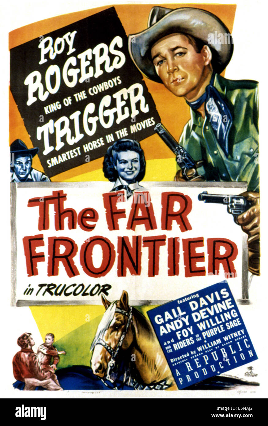 DER ÄUßERSTEN Grenze, Roy Rogers, Gail Davis, Trigger, 1948 Stockfoto
