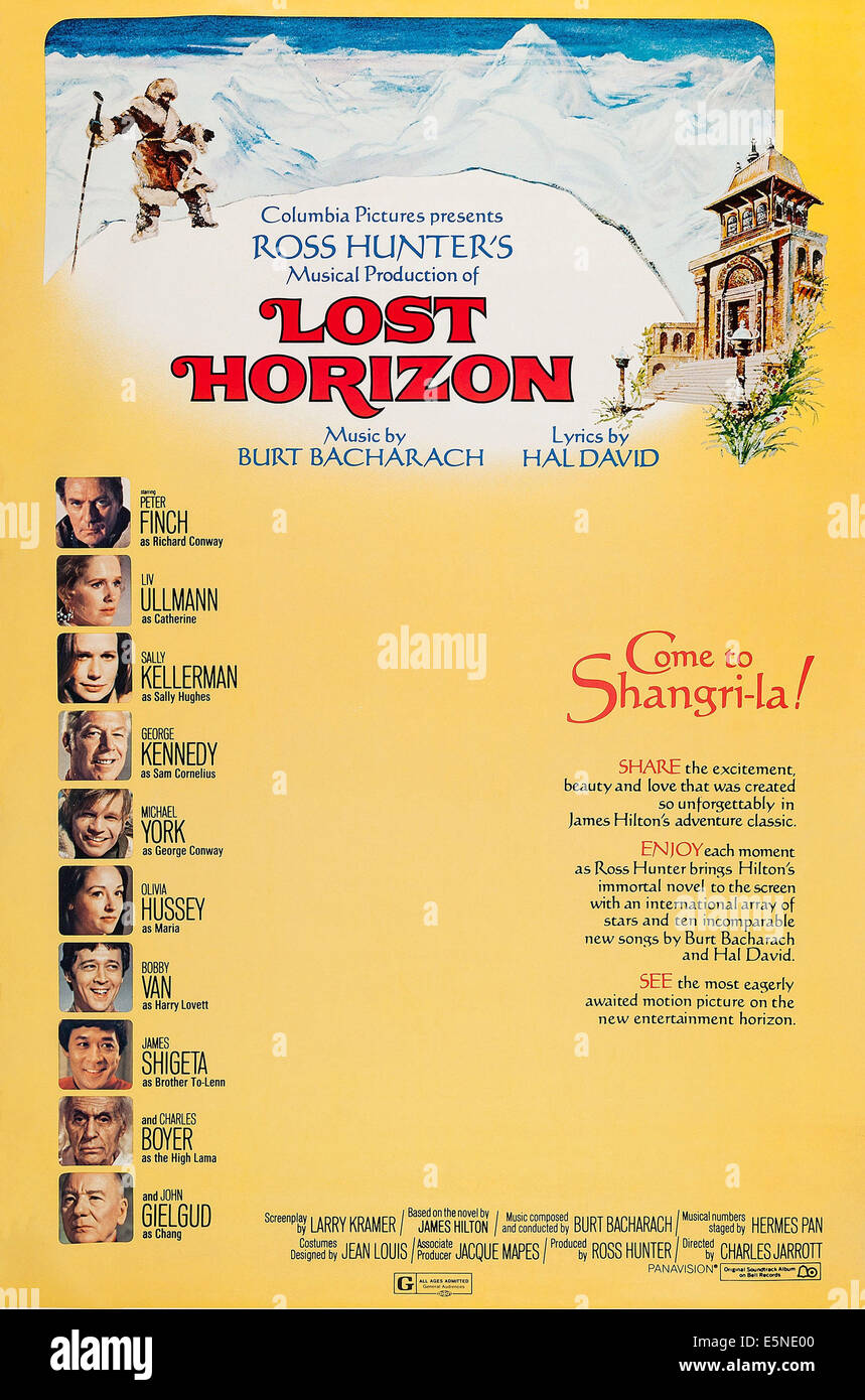 LOST HORIZON, US Plakatkunst, von oben: Peter Finch, Liv Ullmann, Sally Kellerman, George Kennedy, Michael York, Olivia Hussey Stockfoto