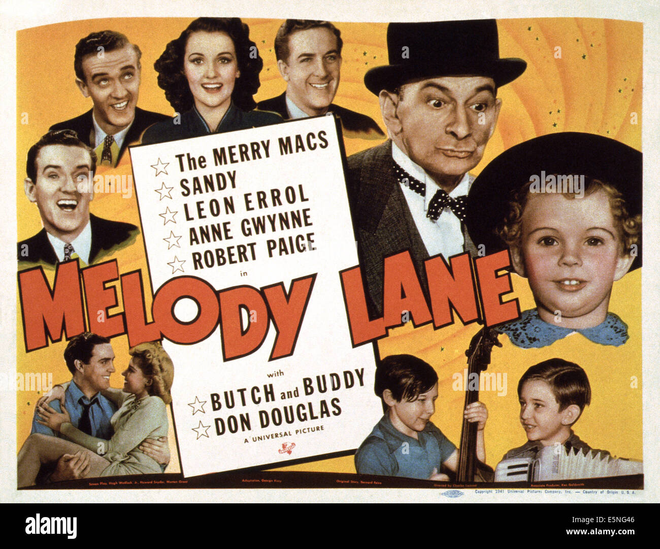 Melodie LANE, US Lobbycard, im Uhrzeigersinn von links, die Merrry Macs: Judd McMichael, Joe McMichael, Mary Lou Cook, Ted McMichael, Stockfoto