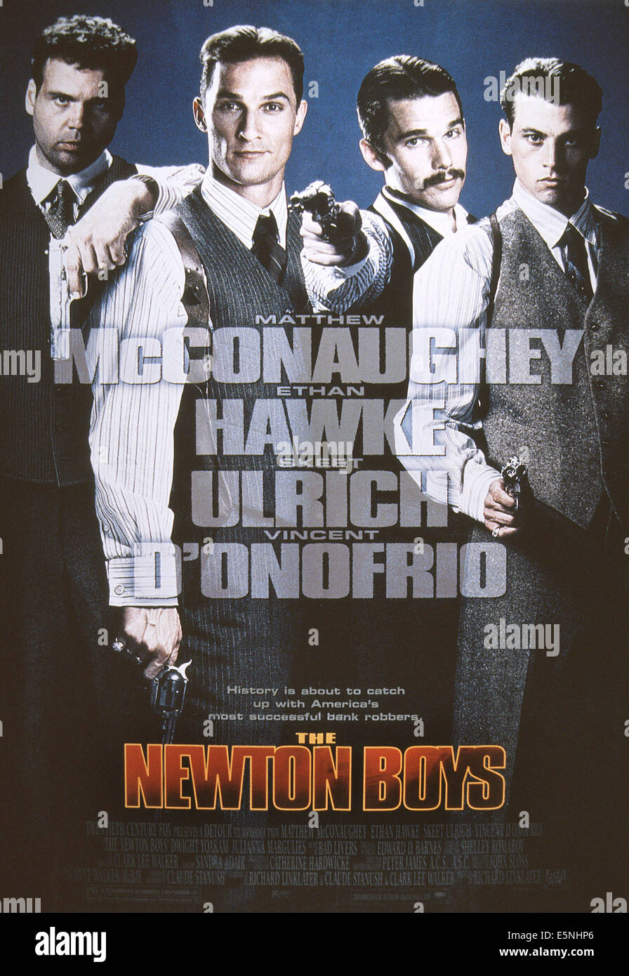 DIE NEWTON BOYS, US-Plakat, von links: Vincent D'Onofrio, Matthew McConaughey, Ethan Hawke, Skeet Ulrich, 1998, © 20th Century Stockfoto