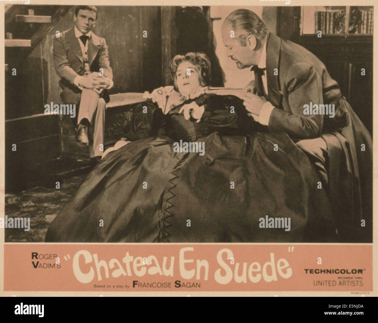 CHATEAU de SUEDE (aka NUTTY, freche CHATEAU), US-Lobbycard, von links: Jean-Louis Trintignant, Suzanne Flon, Curd Jürgens, Stockfoto