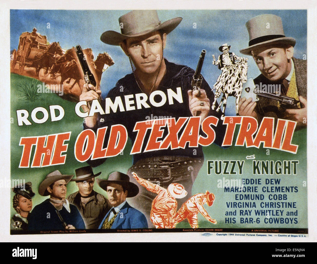 DIE alten TEXAS TRAIL, US Lobbycard, Rod Cameron (Mitte), Fuzzy Knight (oben rechts), 1944 Stockfoto
