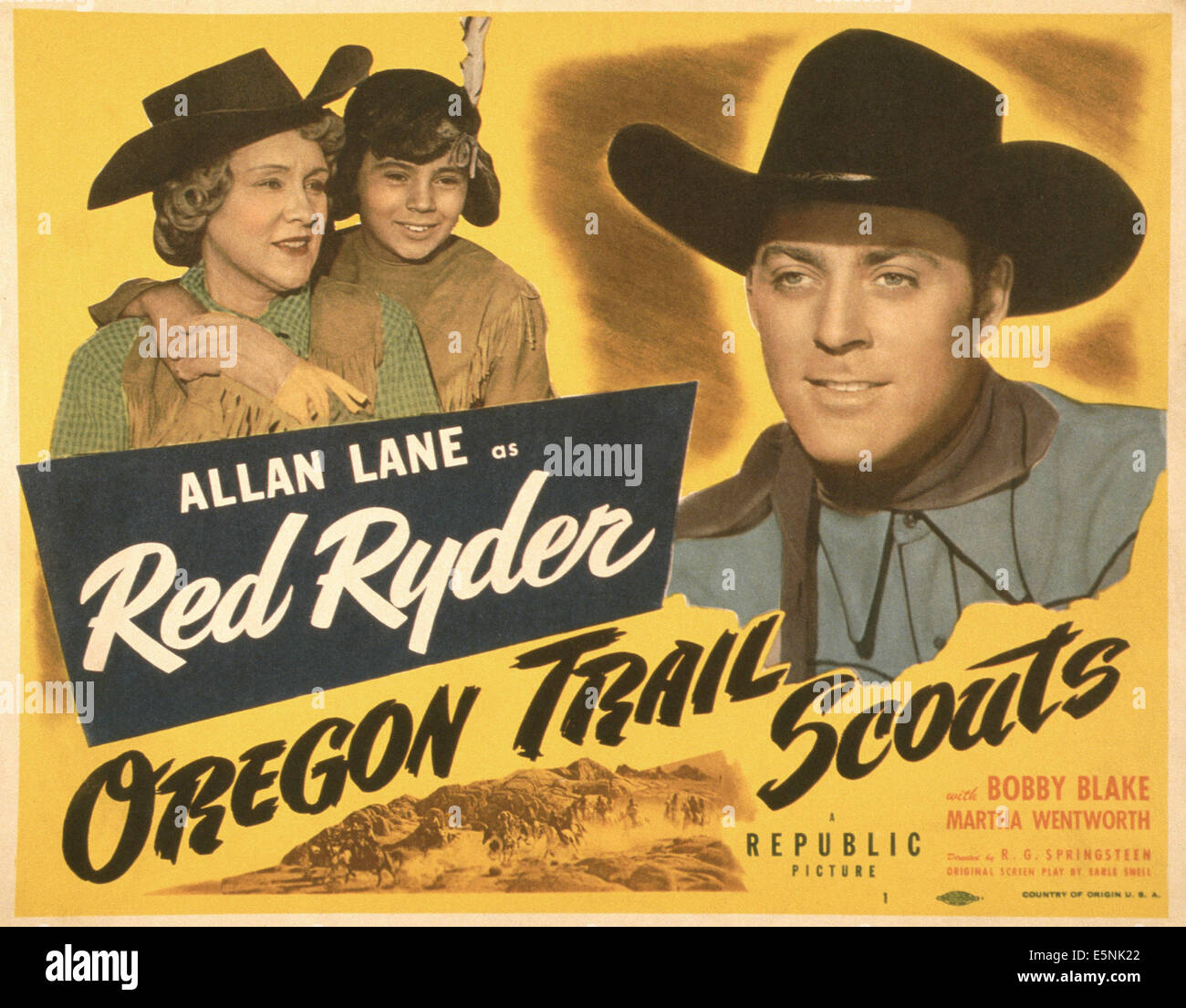 OREGON TRAIL SCOUTS, US-Plakat, von links: Martha Wentworth, Robert Blake, Allan Lane, 1947 Stockfoto